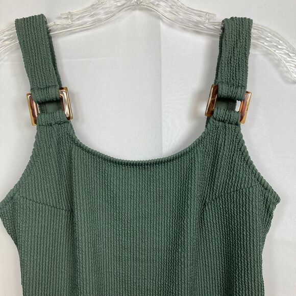 NWT H&M Swimsuit Womens Sz M Khaki Green Ribbed Swimsuit Bathing Buckle - Picture 2 of 7